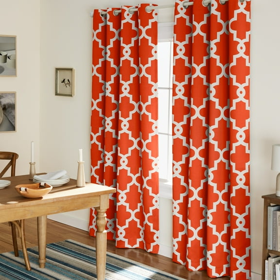 TOWN & COUNTRY EVERYDAY Ironwork Geo Trellis Sateen Indoor Curtains, Room Darkening Blackout, Grommet Top, Energy Efficient, 2-Pack Set, 52"x84", Mecca Orange