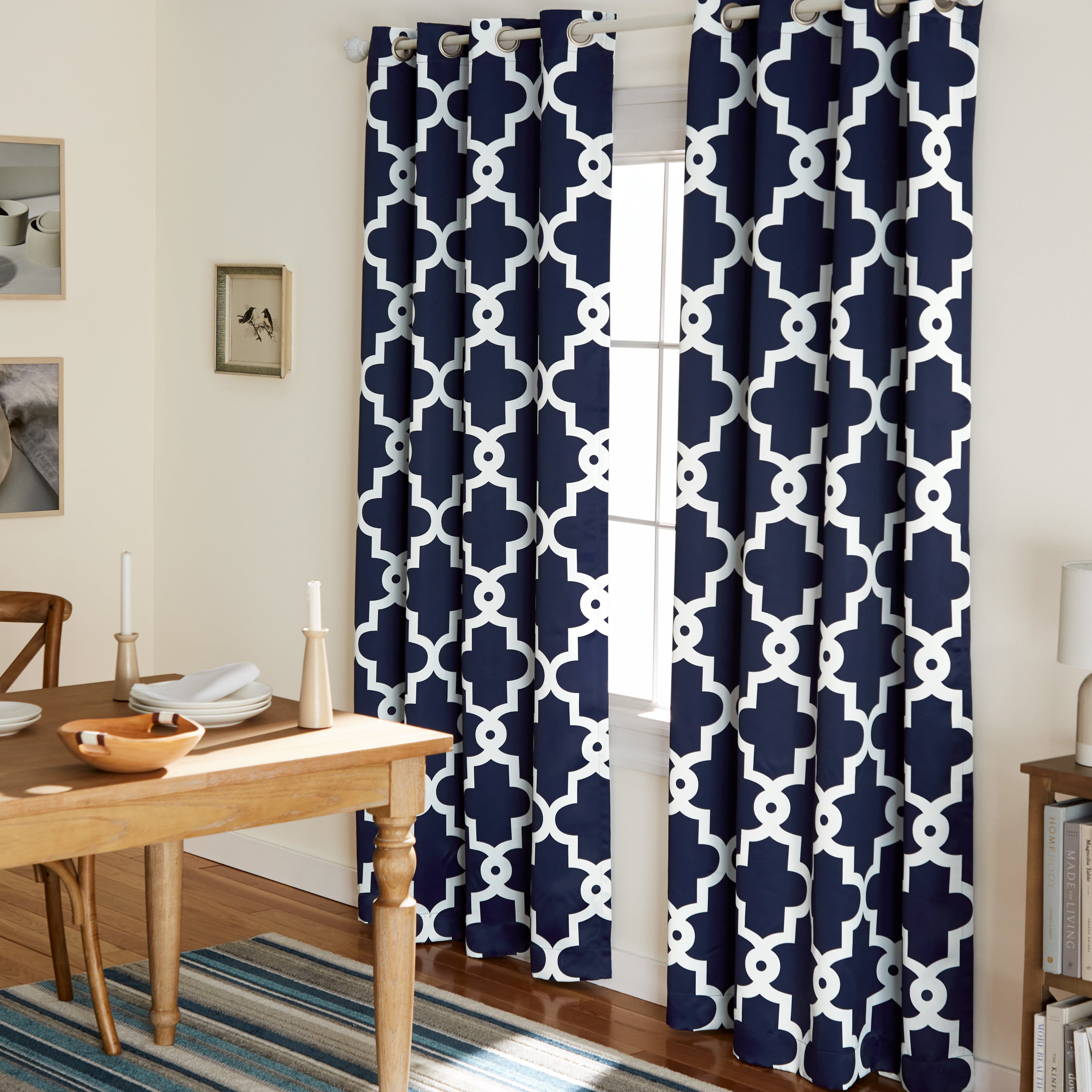 TOWN & COUNTRY EVERYDAY Ironwork Geo Trellis Sateen Indoor Curtains, Room Darkening Blackout, Grommet Top, Energy Efficient, 2-Pack Set, 52"x84", Peacoat Blue