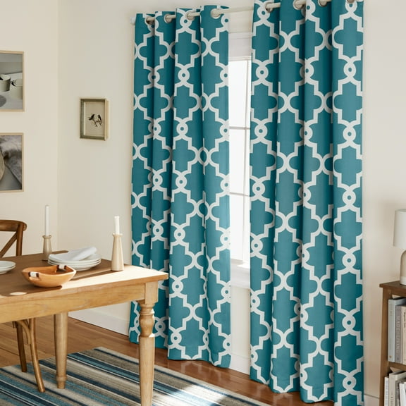 TOWN & COUNTRY EVERYDAY Ironwork Geo Trellis Sateen Indoor Curtains, Room Darkening Blackout, Grommet Top, Energy Efficient, 2-Pack Set, 52"x84", Teal