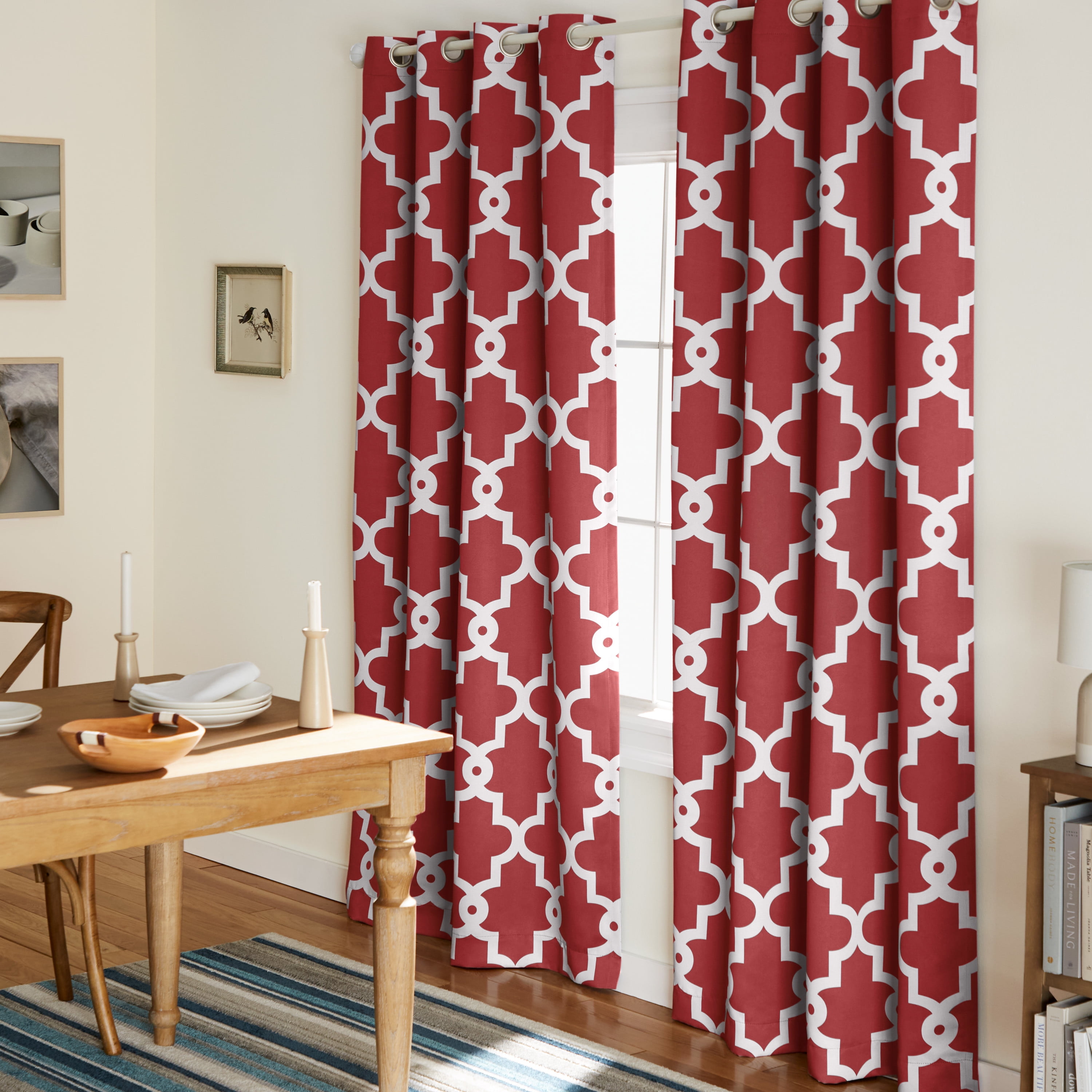 TOWN & COUNTRY EVERYDAY Ironwork Geo Trellis Sateen Indoor Curtains, Room Darkening Blackout, Grommet Top, Energy Efficient, 2-Pack Set, 52"x96", Burgundy