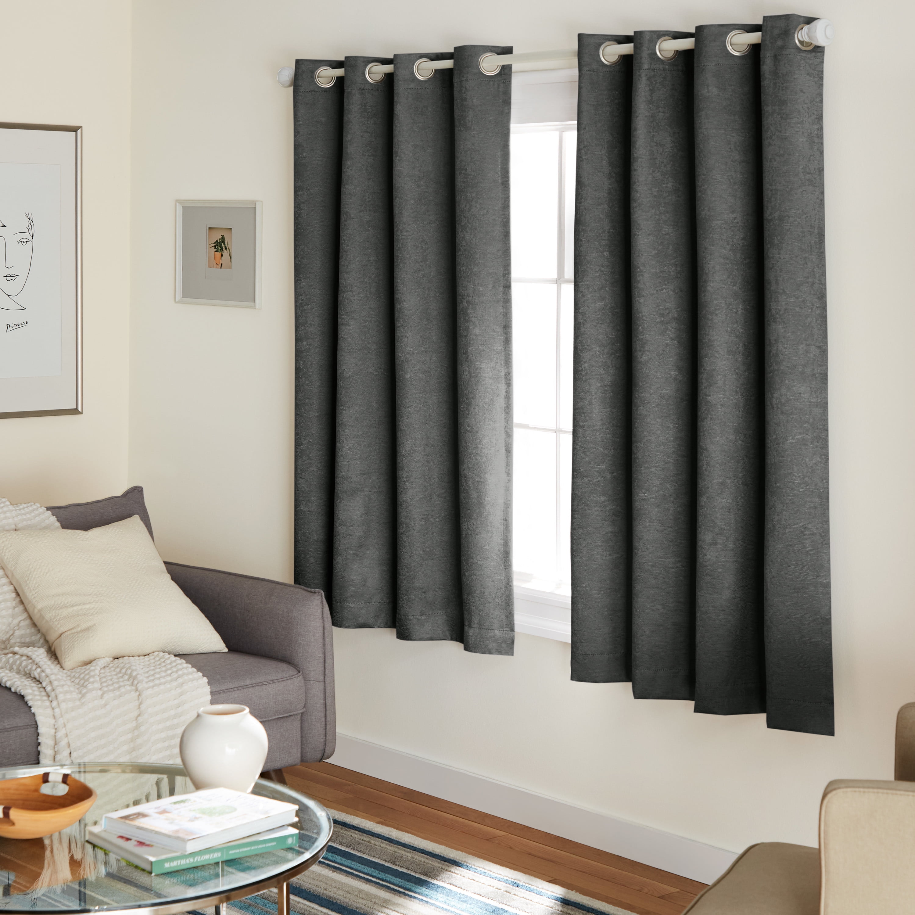 TOWN & COUNTRY EVERYDAY Lustre Solid Heavyweight Textured Sateen Indoor Curtains, Room Darkening Opacity, Grommet Top, Energy Efficient, 2-Pack Set, 52"x63", Charcoal