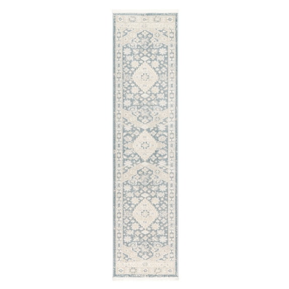 TOWN & COUNTRY EVERYDAY Rein Center Medallion Everwash® Washable Runner Area Rug with Non-Slip Backing, Pet Friendly Rug, Blue/Beige, 1'9"x7'2"