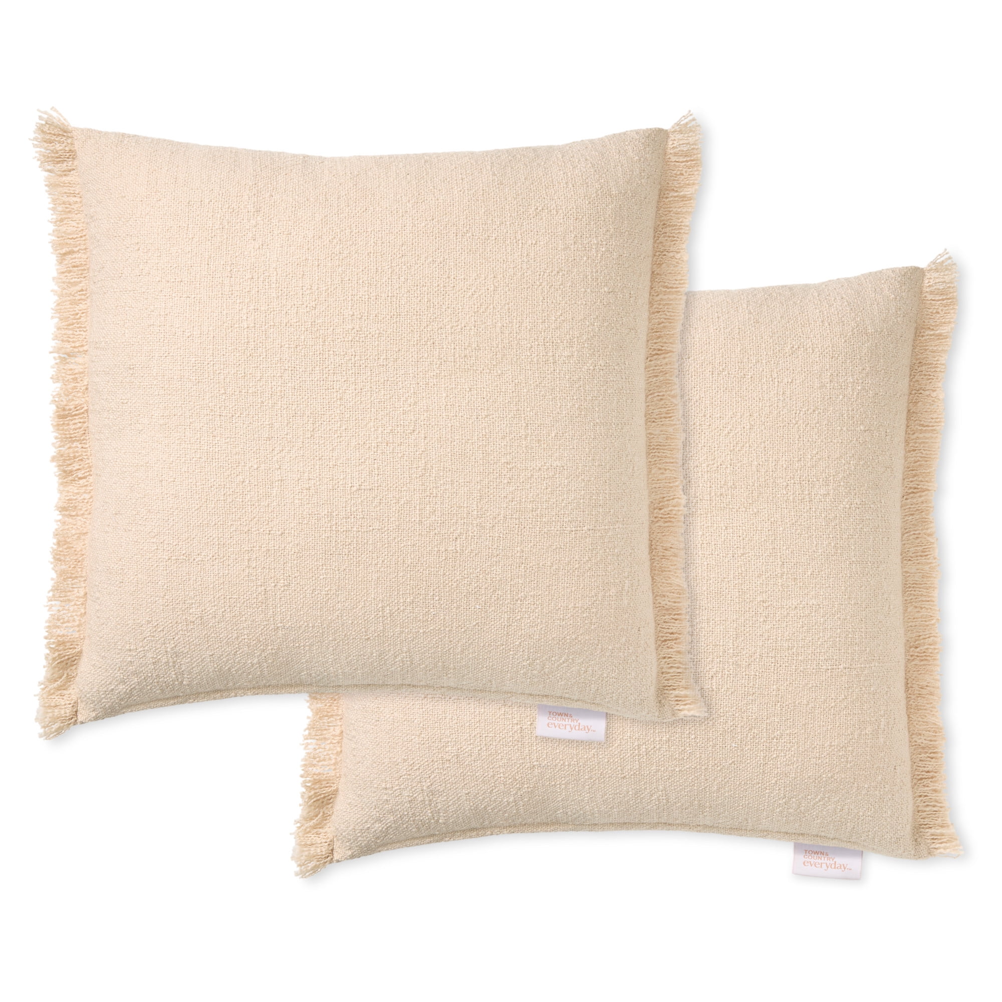 TOWN & COUNTRY EVERYDAY Rio Solid Fringe Handcrafted Indoor Outdoor Decorative Pillow 2-Pack Set, 100% Recycled Materials, UV Fade Resistant, Water Repellent, Beige 20"x20"