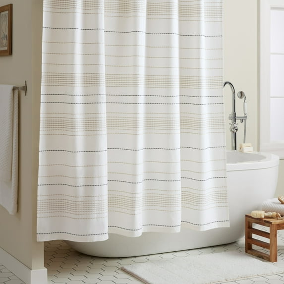 TOWN & COUNTRY EVERYDAY Solana Textured Woven Stripe Cotton-Rich Breathable Fabric Shower Curtain with Reinforced Buttonhole Top Hem, White/Tan/Charcoal, 70"x72"