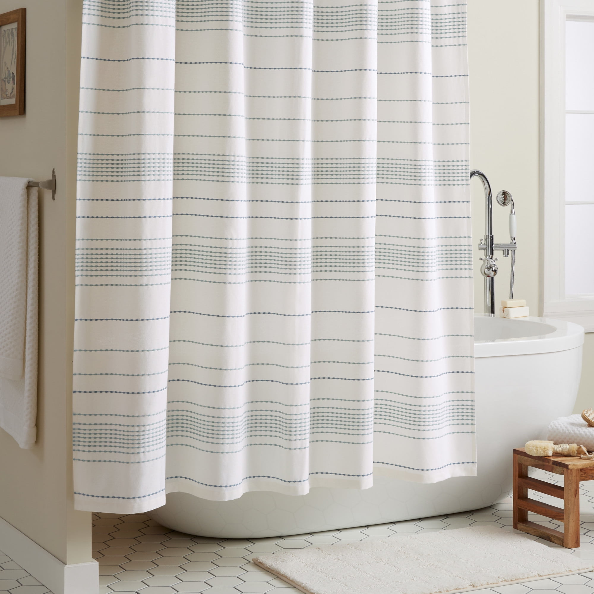 TOWN & COUNTRY EVERYDAY Solana Textured Woven Stripe Cotton-Rich Breathable  Fabric Shower Curtain with Reinforced Buttonhole Top Hem,  White/Tan/Charcoal, 70