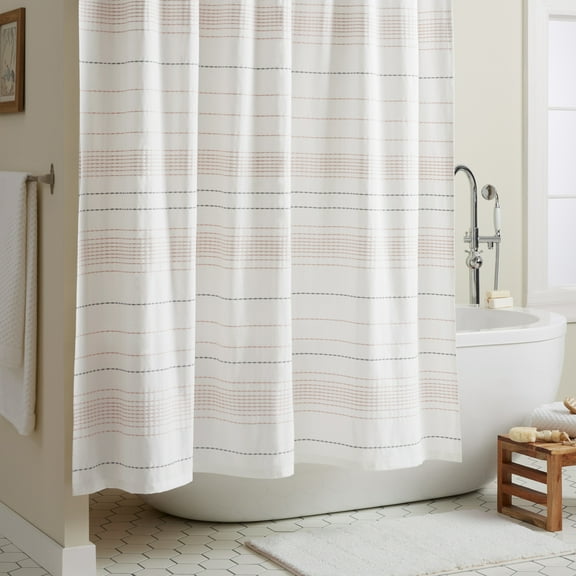 Town & Country Everyday Solana Textured Woven Stripe Cotton Shower Curtain, White/Grey/Blush, 70"x72"