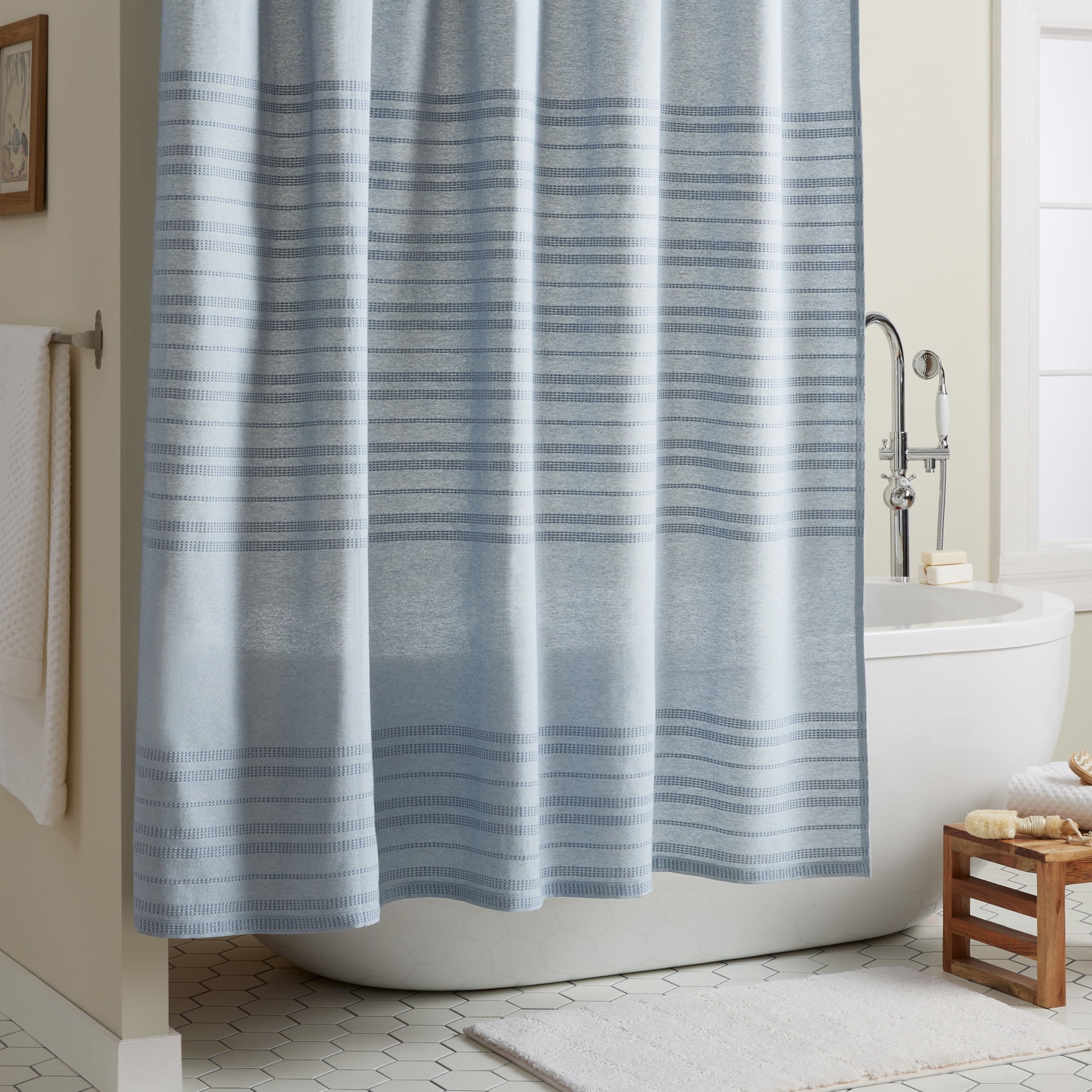 TOWN & COUNTRY EVERYDAY Sophia Textured Solid Cotton-Rich Breathable Fabric Shower Curtain with Reinforced Buttonhole Top Hem, Blue, 70"x72"