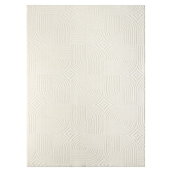 TOWN & COUNTRY EVERYDAY Stone Geo Curve Soft Felt Everwash®, Machine Washable Area Rug with Non-Slip Backing, Geometric Rug, Ivory, 6'6"x9'2"