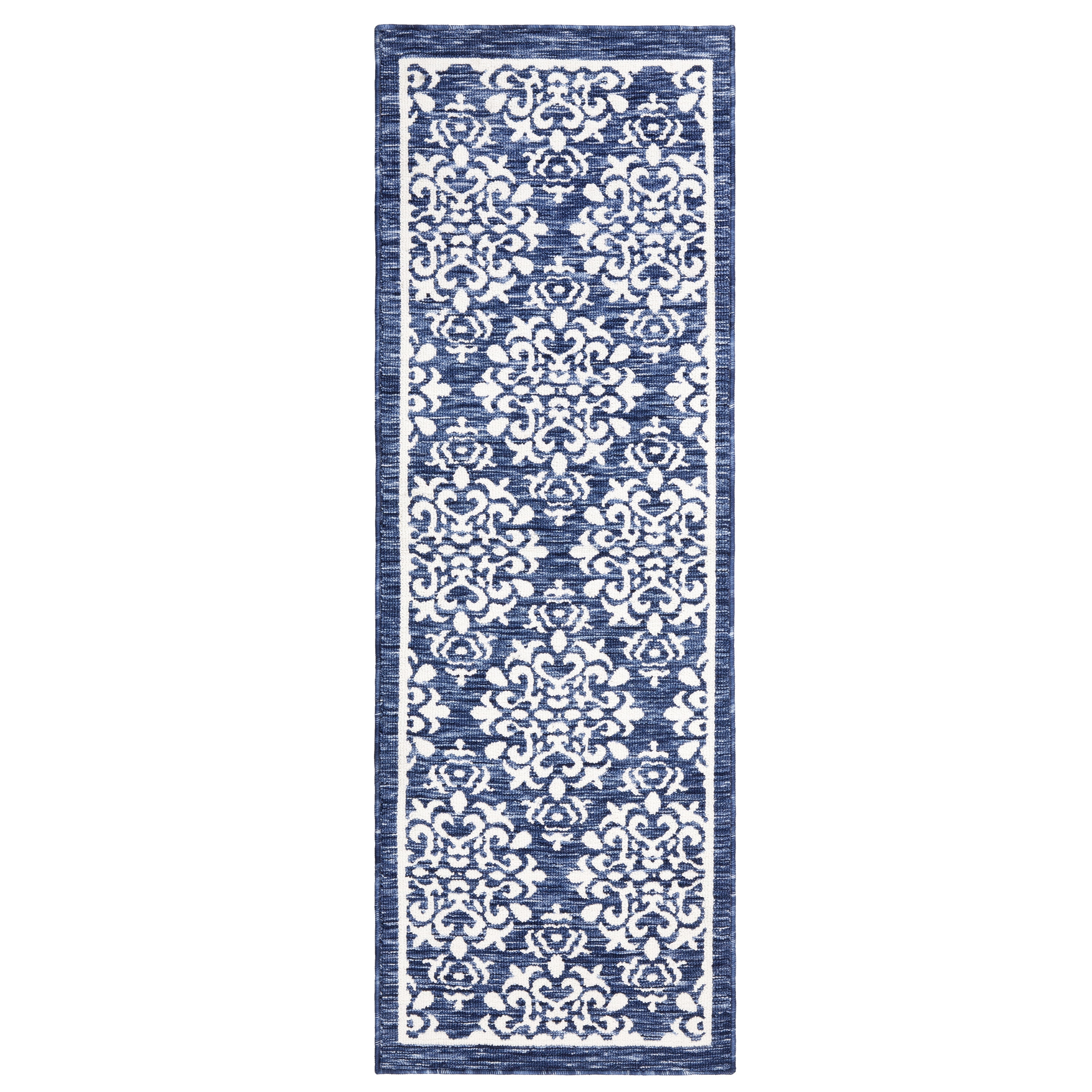 TOWN & COUNTRY EVERYDAY Walker Damask Medallion Everwash® Washable Multi-Use Decorative Rug with Non-Slip Backing, Navy Blue, 24"x72"
