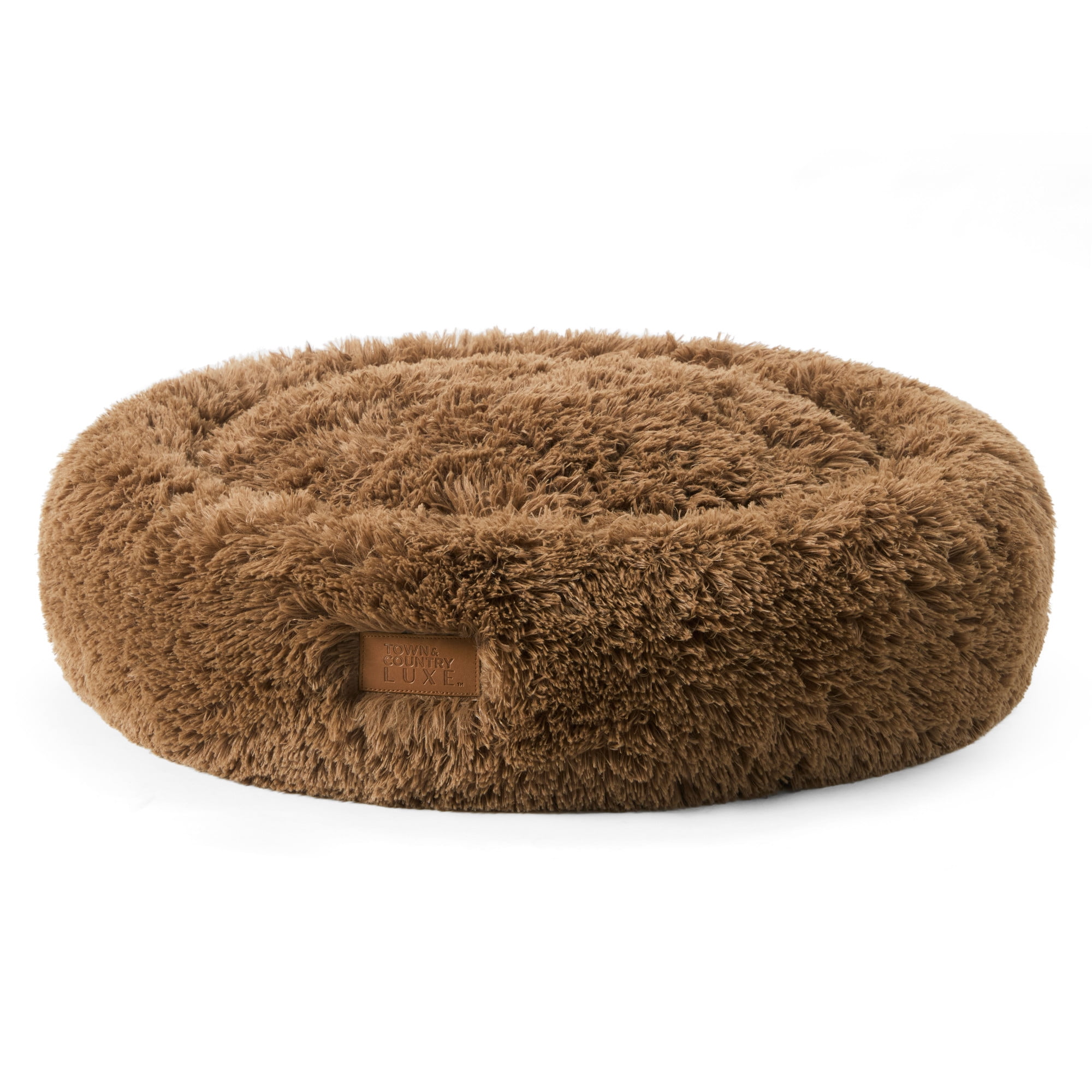 TOWN & COUNTRY LUXE CuddleTown Fuzzy Solid Donut Pet Bed, Soft, Cozy & Calming, Water Repellent, Non-Slip Bottom, 100% Machine Washable, Brown, Small 24"x24"x7" Round