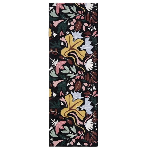 TOWN & COUNTRY LUXE Livie Floral Drip Everwash® Washable Multi-Use Decorative Rug, Kitchen Runner Rug, Low-Profile Door Mat, Bedroom Rug and Dorm Room Rug with Non-Slip Backing, Black, 24"x72"
