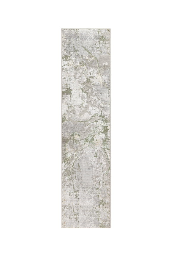 LUXE Opaline Bold Marble Runner Area Rug with Glam Metallic Ribbed Texture Pile, Sage Green, 1'9"x7'2"