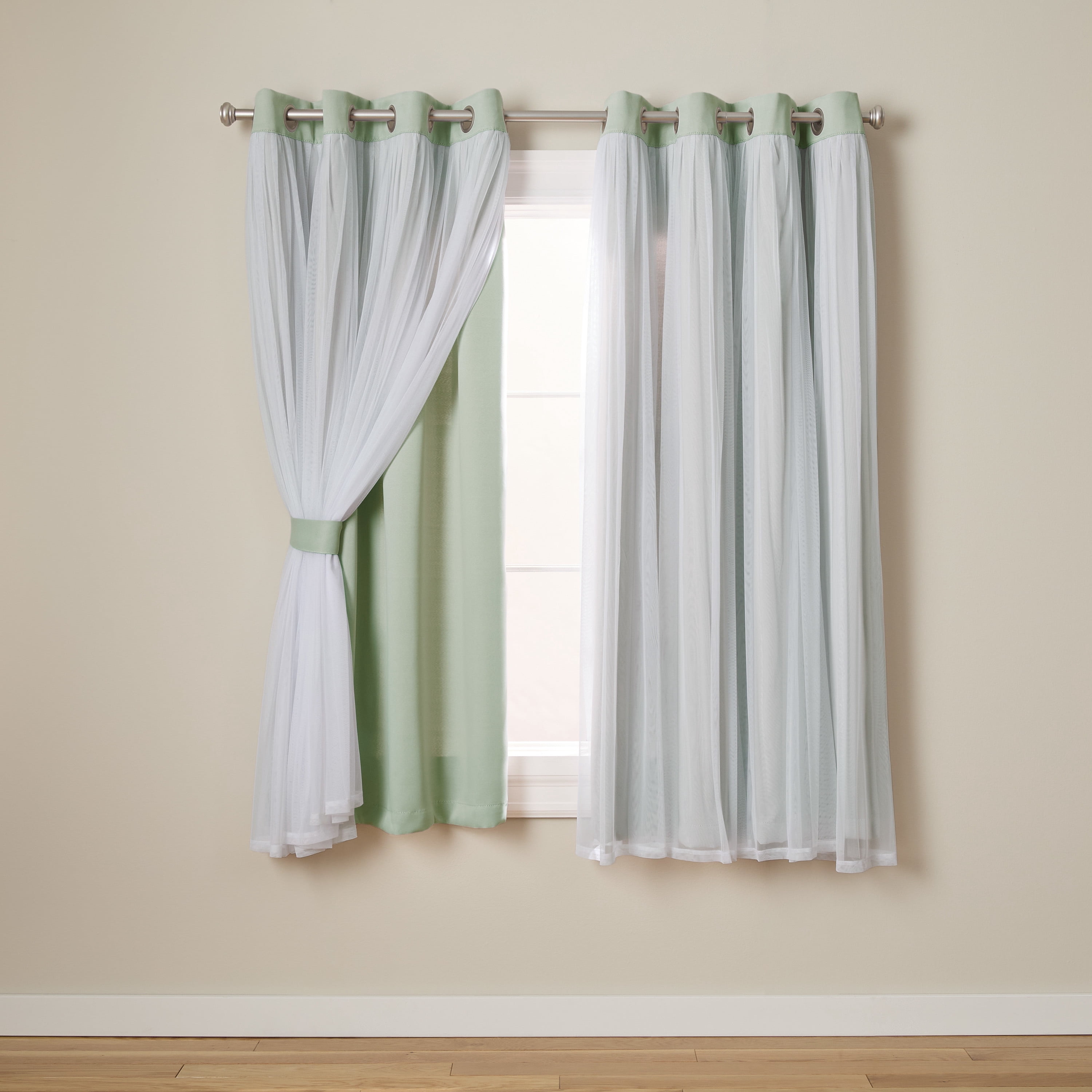 TOWN & COUNTRY LUXE Talia Double Layer Indoor Curtains, Sheer and Room Darkening Blackout, Grommet Top, Energy Efficient, 2-Pack Set, 52"x63", Mint Green