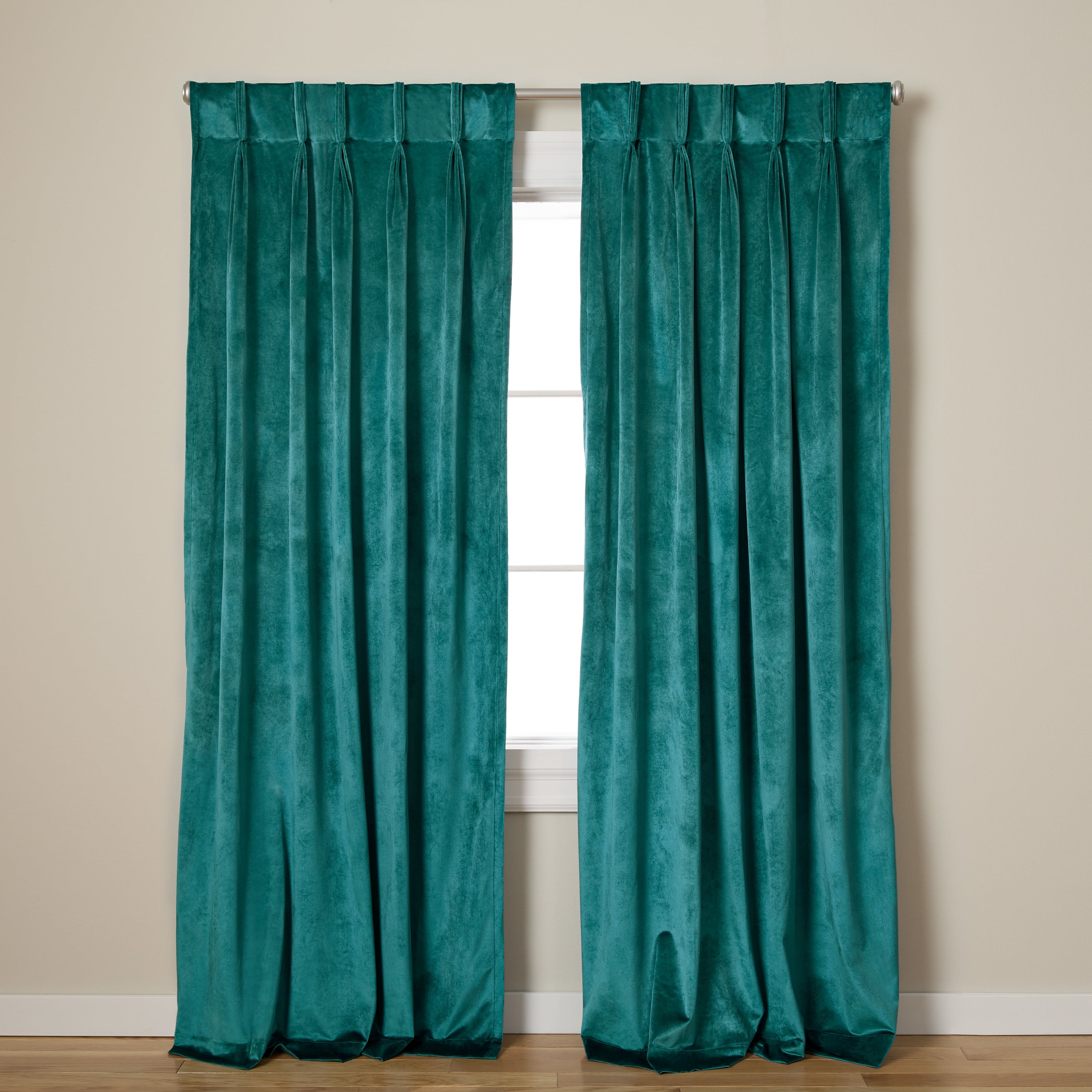 TOWN & COUNTRY LUXE Velour Solid Heavyweight Indoor Curtains, Light Filtering Opacity, Triple Pinch Pleat Top, Plush Velvet, 2-Pack Set, 27"x108", Teal