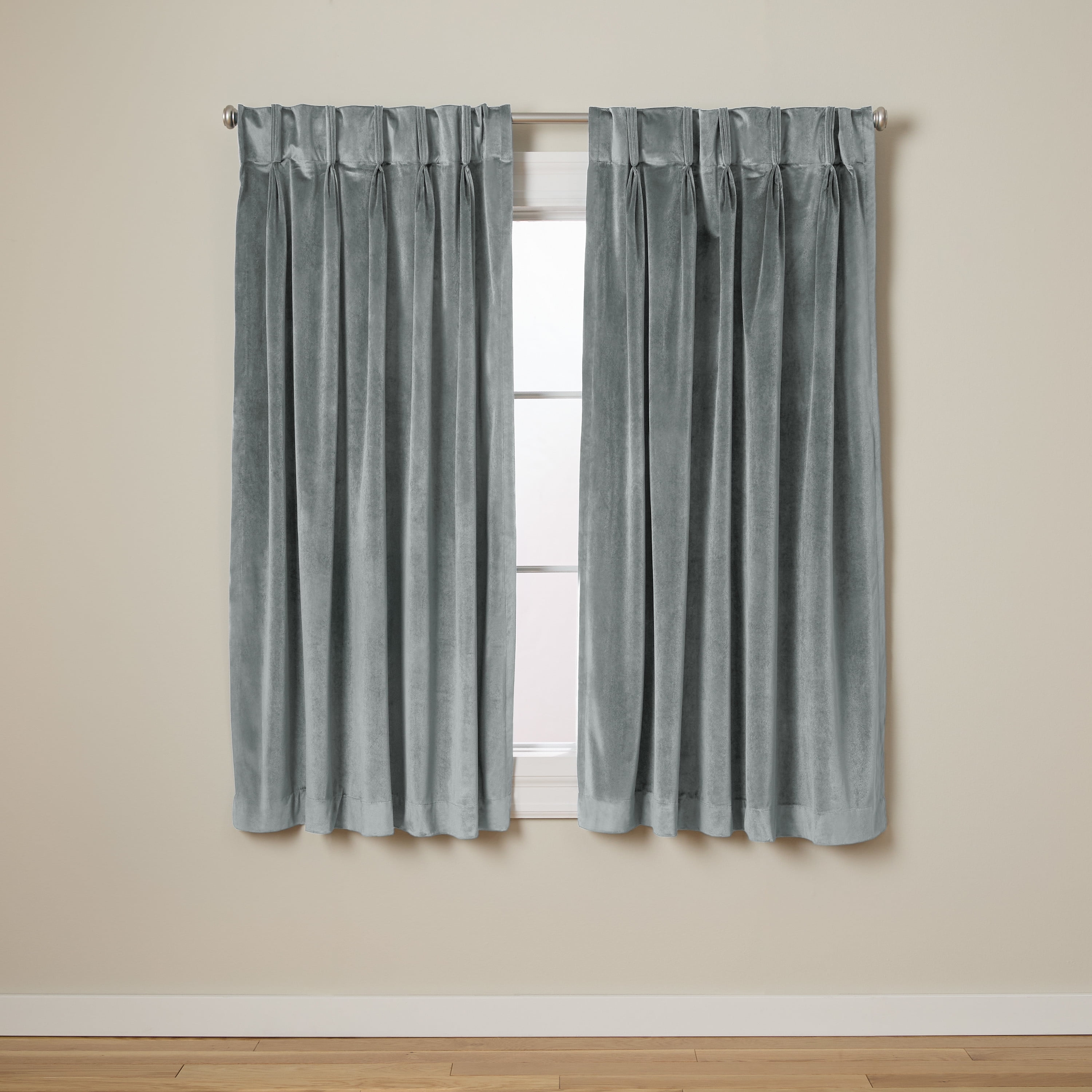 TOWN & COUNTRY LUXE Velour Solid Heavyweight Indoor Curtains, Light Filtering Opacity, Triple Pinch Pleat Top, Plush Velvet, 2-Pack Set, 27"x63", Soft Grey