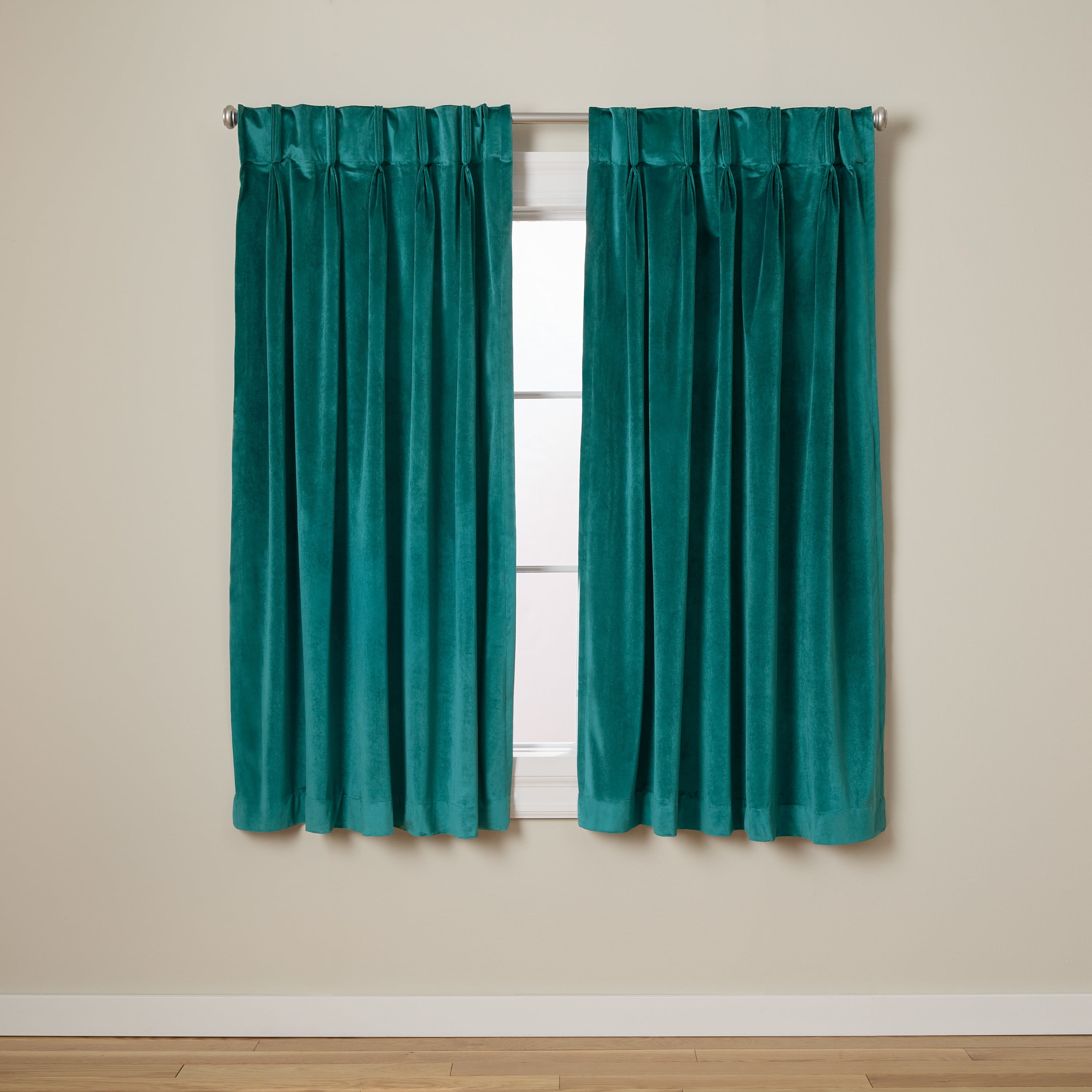 TOWN & COUNTRY LUXE Velour Solid Heavyweight Indoor Curtains, Light Filtering Opacity, Triple Pinch Pleat Top, Plush Velvet, 2-Pack Set, 27"x63", Teal