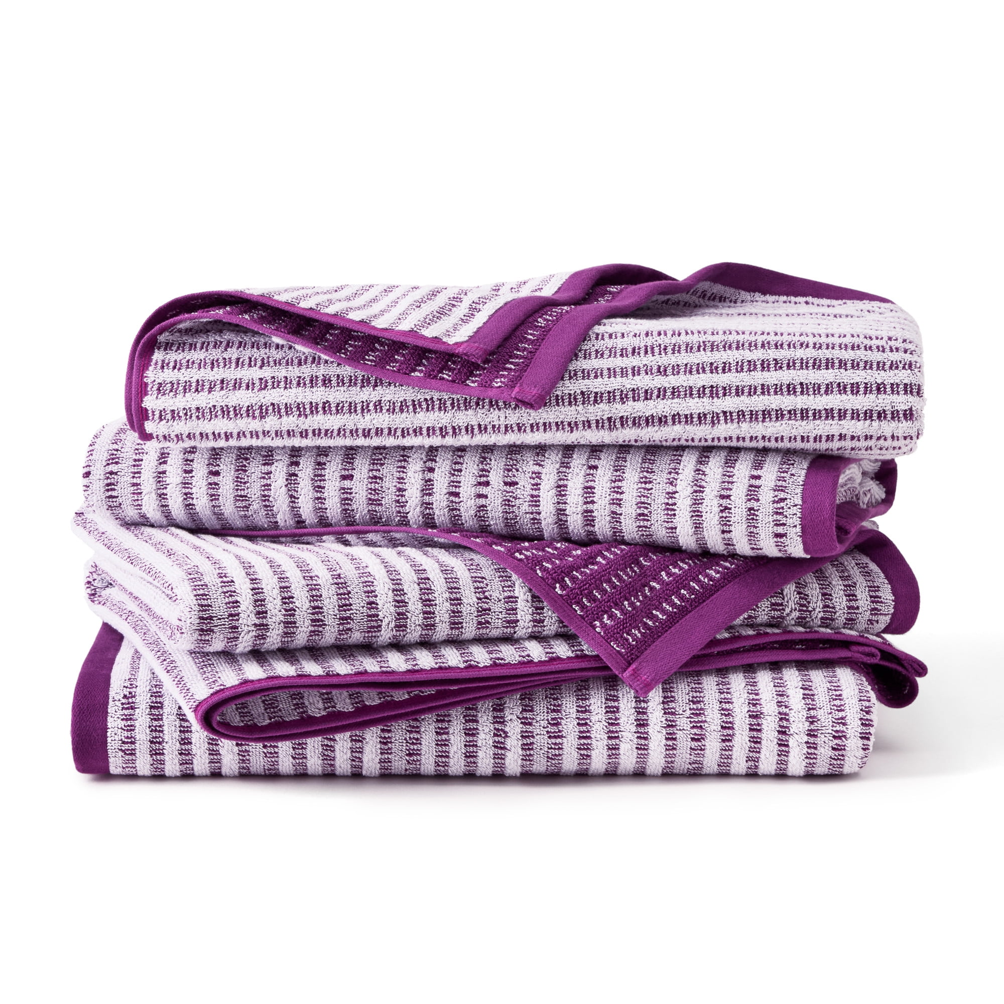 TOWN & COUNTRY PLAY 4-Piece Striped Reversible Terry Brights Bath Towel Set, 30"x58", 100% BCI Cotton, Plush & Absorbent 550GSM, Grape Purple