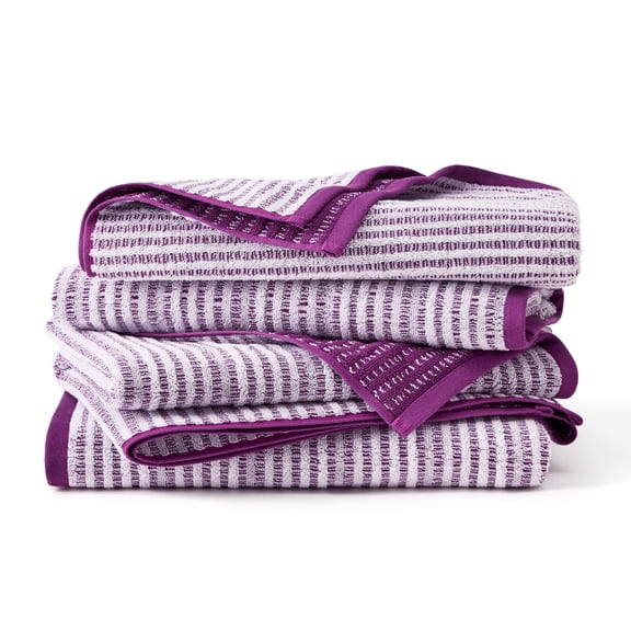 TOWN & COUNTRY PLAY 4-Piece Striped Reversible Terry Brights Bath Towel Set, 30"x58", 100% BCI Cotton, Plush & Absorbent 550GSM, Grape Purple