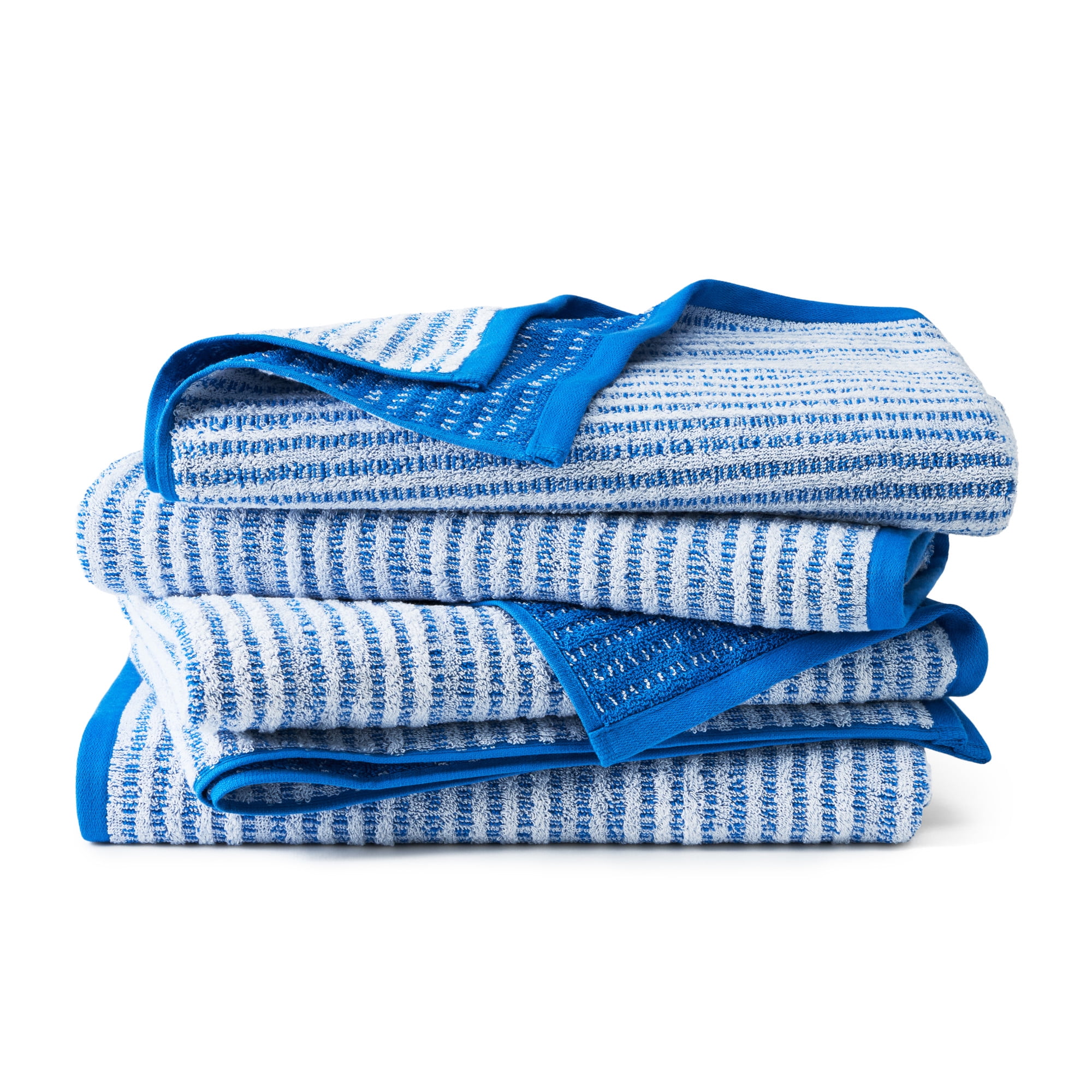 TOWN & COUNTRY PLAY 4-Piece Striped Reversible Terry Brights Bath Towel Set, 30"x58", 100% BCI Cotton, Plush & Absorbent 550GSM, Ocean Blue