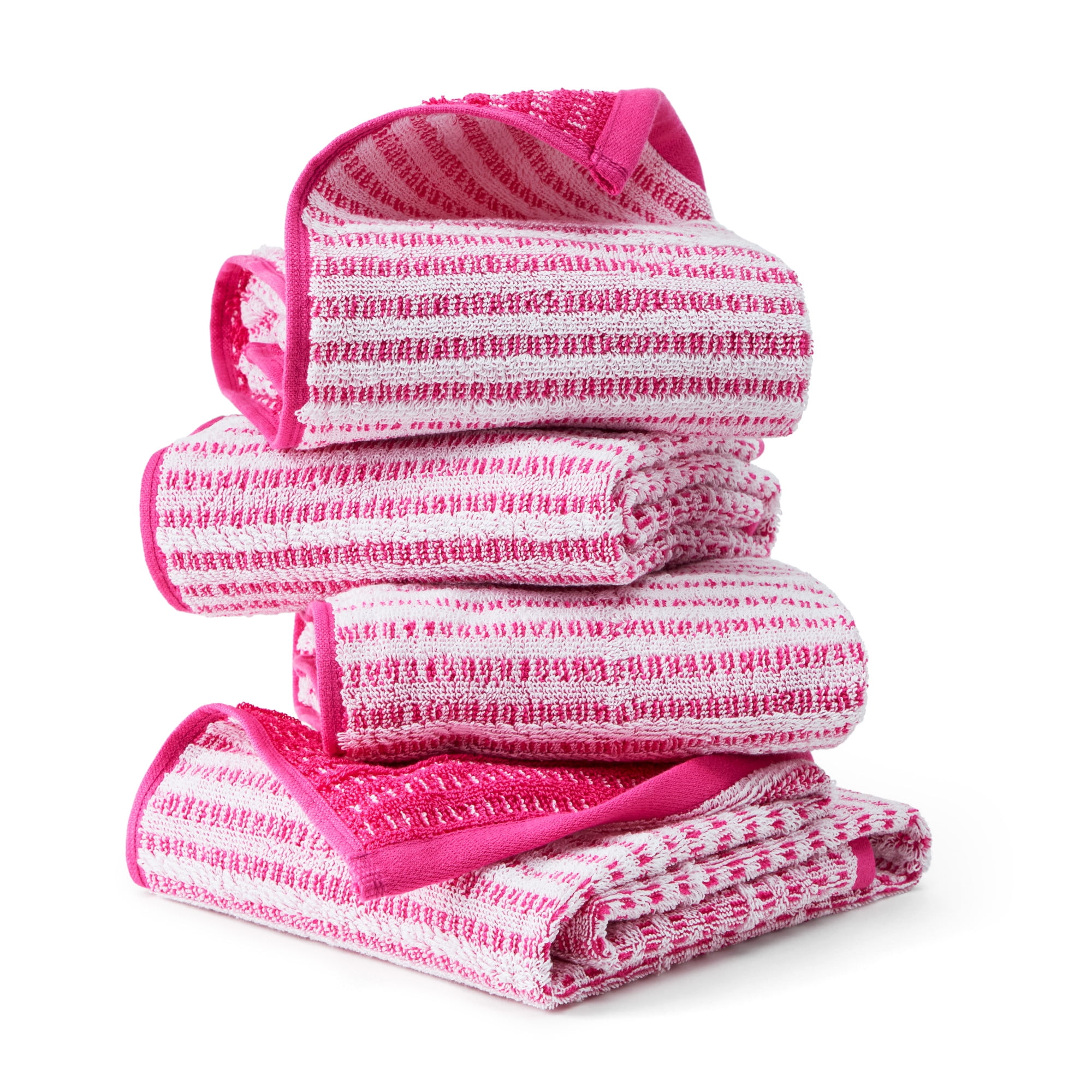 TOWN & COUNTRY PLAY 4-Piece Striped Reversible Terry Brights Hand Towel Set, 20"x30", 100% BCI Cotton, Plush & Absorbent 550GSM, Flamingo Pink