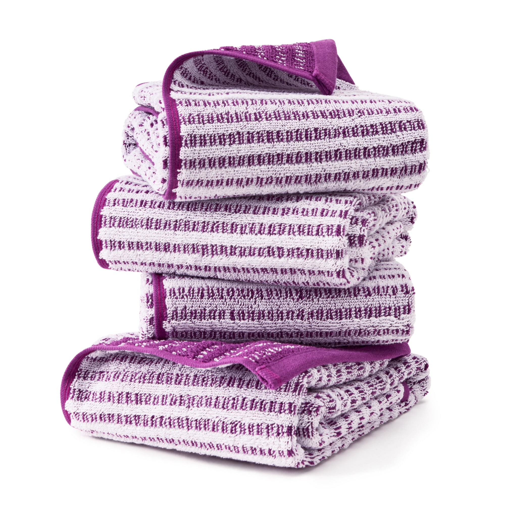 TOWN & COUNTRY PLAY 4-Piece Striped Reversible Terry Brights Hand Towel Set, 20"x30", 100% BCI Cotton, Plush & Absorbent 550GSM, Grape Purple