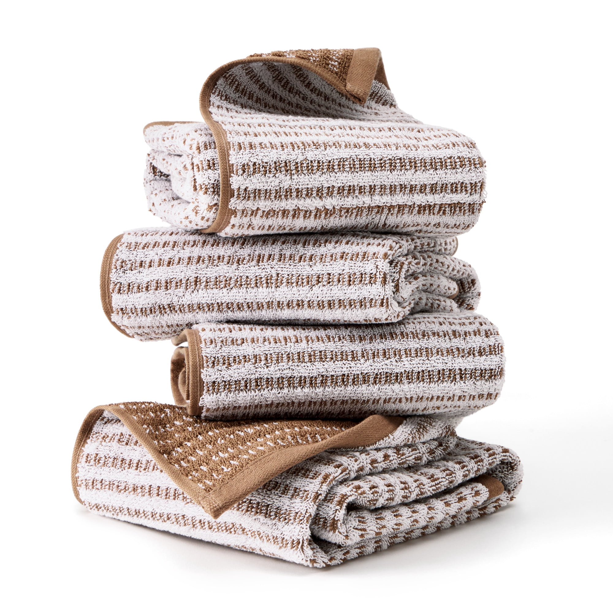 TOWN & COUNTRY PLAY 4-Piece Striped Reversible Terry Brights Hand Towel Set, 20"x30", 100% BCI Cotton, Plush & Absorbent 550GSM, Mocha Brown