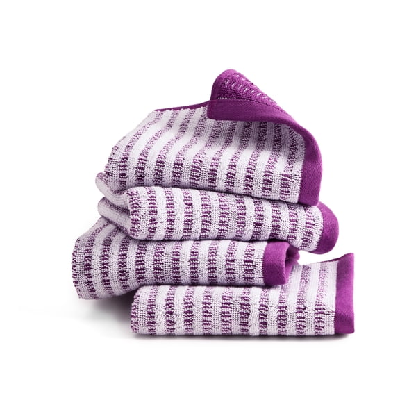 TOWN & COUNTRY PLAY 4-Piece Striped Reversible Terry Brights Washcloth Set, 13"x13", 100% BCI Cotton, Plush & Absorbent 550GSM, Grape Purple