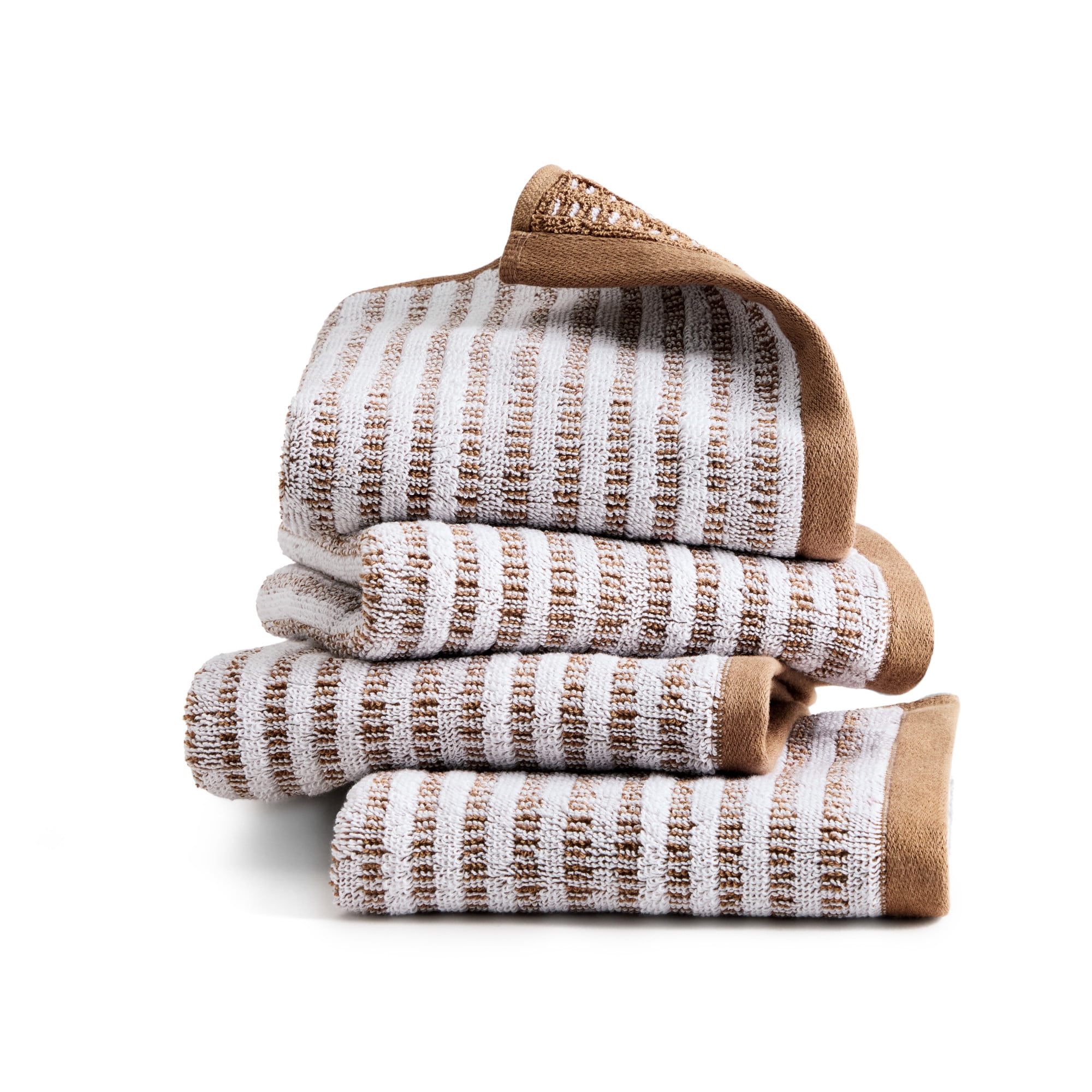 TOWN & COUNTRY PLAY 4-Piece Striped Reversible Terry Brights Washcloth Set, 13"x13", 100% BCI Cotton, Plush & Absorbent 550GSM, Mocha Brown