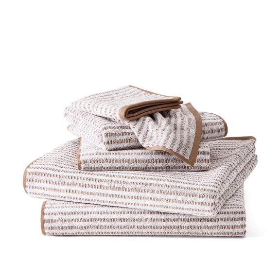 TOWN & COUNTRY PLAY 6-Piece Striped Reversible Terry Brights Set, 2-Bath Towels, 2-Hand Towels, 2-Washcloths, 100% BCI Cotton, Plush & Absorbent 550GSM, Latte Tan