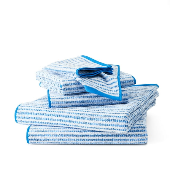 TOWN & COUNTRY PLAY 6-Piece Striped Reversible Terry Brights Set, 2-Bath Towels, 2-Hand Towels, 2-Washcloths, 100% BCI Cotton, Plush & Absorbent 550GSM, Ocean Blue