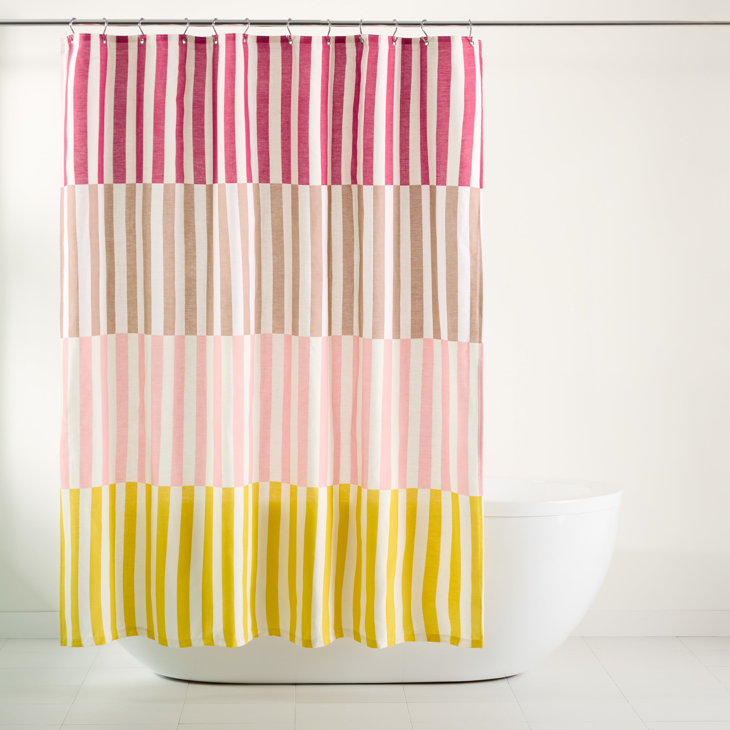 Adeline Pink Beige Yellow Cotton Stripe Shower Curtain 70" x 72"