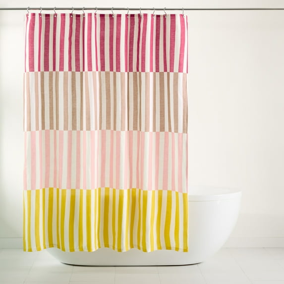 TOWN & COUNTRY PLAY Adeline Offset Stripe Cotton-Rich Breathable Fabric Shower Curtain with Anti-Rust Grommets, Pink/Beige/Yellow, 70"x72"