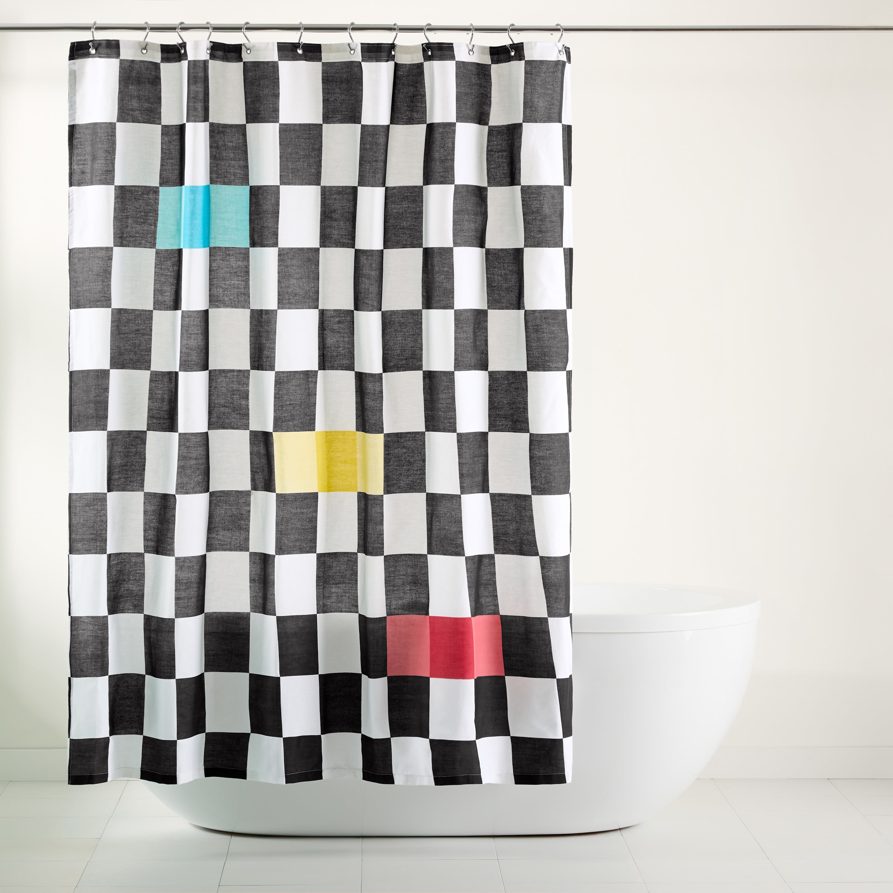 Bold Checkerboard Cotton Fabric Shower Curtain with Grommets