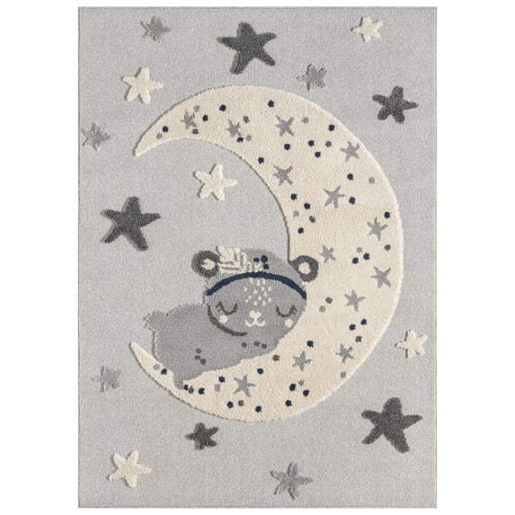 TOWN & COUNTRY PLAY Good Night Moon & Stars Kids Area Rug, Soft & Plush, Calming, Bedroom Rug, Nursery Decor, Playroom & Classroom Rugs, Grey, 7'10"x10’2”