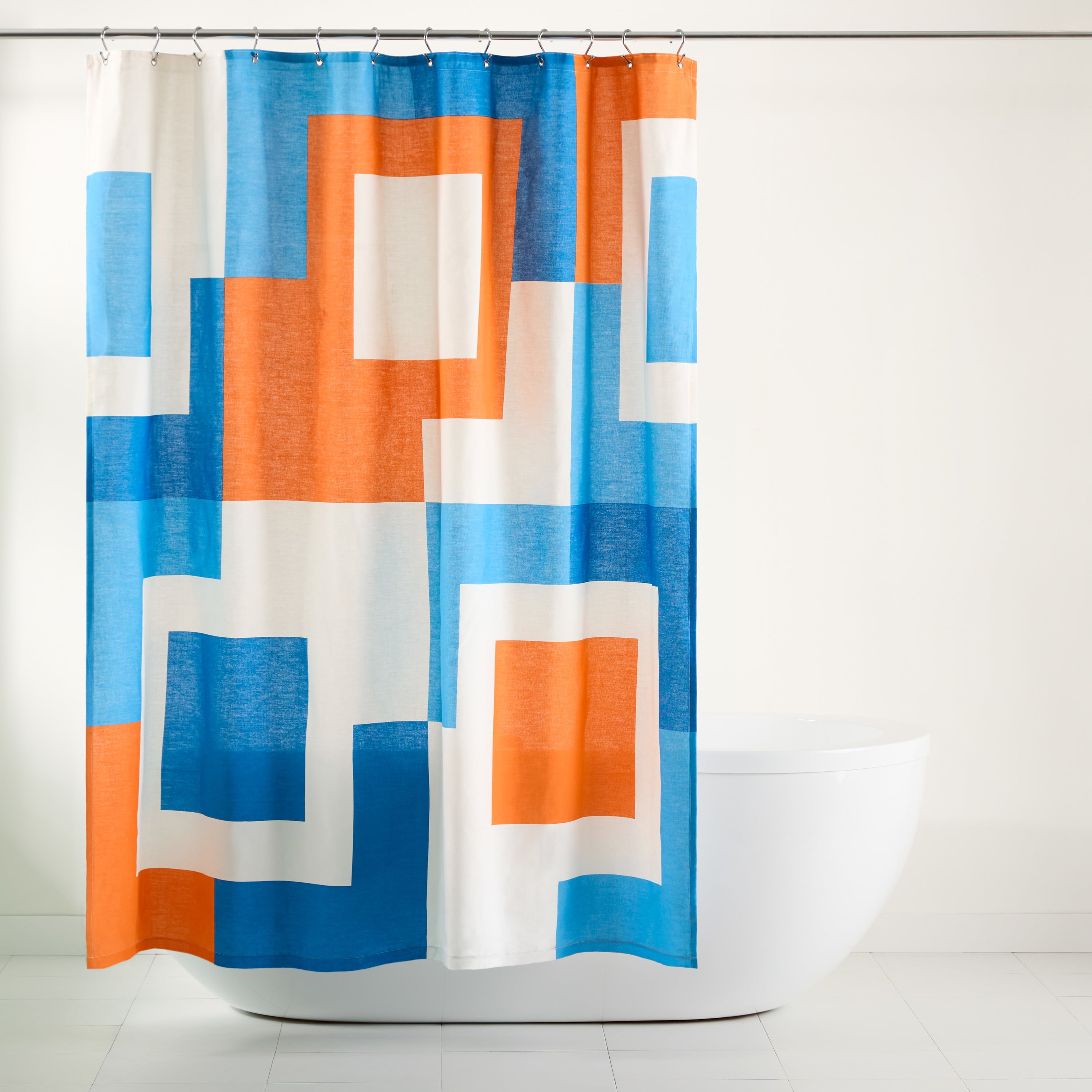 Lucy Mid-Century Squares Cotton Fabric Shower Curtain, White and Orange, 70"x72"