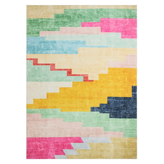 TOWN & COUNTRY PLAY Nara Southwest Pop Kid's Washable Area Rug, Soft & Plush, Safe Non-Slip Backing, Bedroom Rug, Dorm Decor, Playroom & Classroom Rugs, Pink/Multi, 5'2"x7’2”