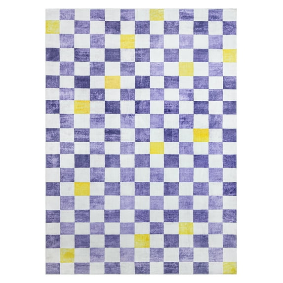 TOWN & COUNTRY PLAY Niko Checkmate Kid's Washable Area Rug, Soft & Plush, Safe Non-Slip Backing, Bedroom Rug, Dorm Decor, Playroom & Classroom Rugs, Purple/Multi, 5'2"x7’2”