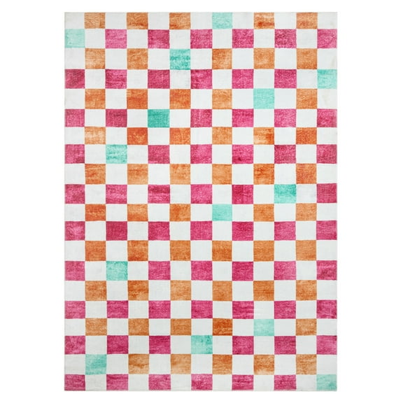 TOWN & COUNTRY PLAY Niko Checkmate Kid's Washable Area Rug, Soft & Plush, Safe Non-Slip Backing, Bedroom Rug, Dorm Decor, Playroom & Classroom Rugs, Red/Multi, 5'2"x7’2”