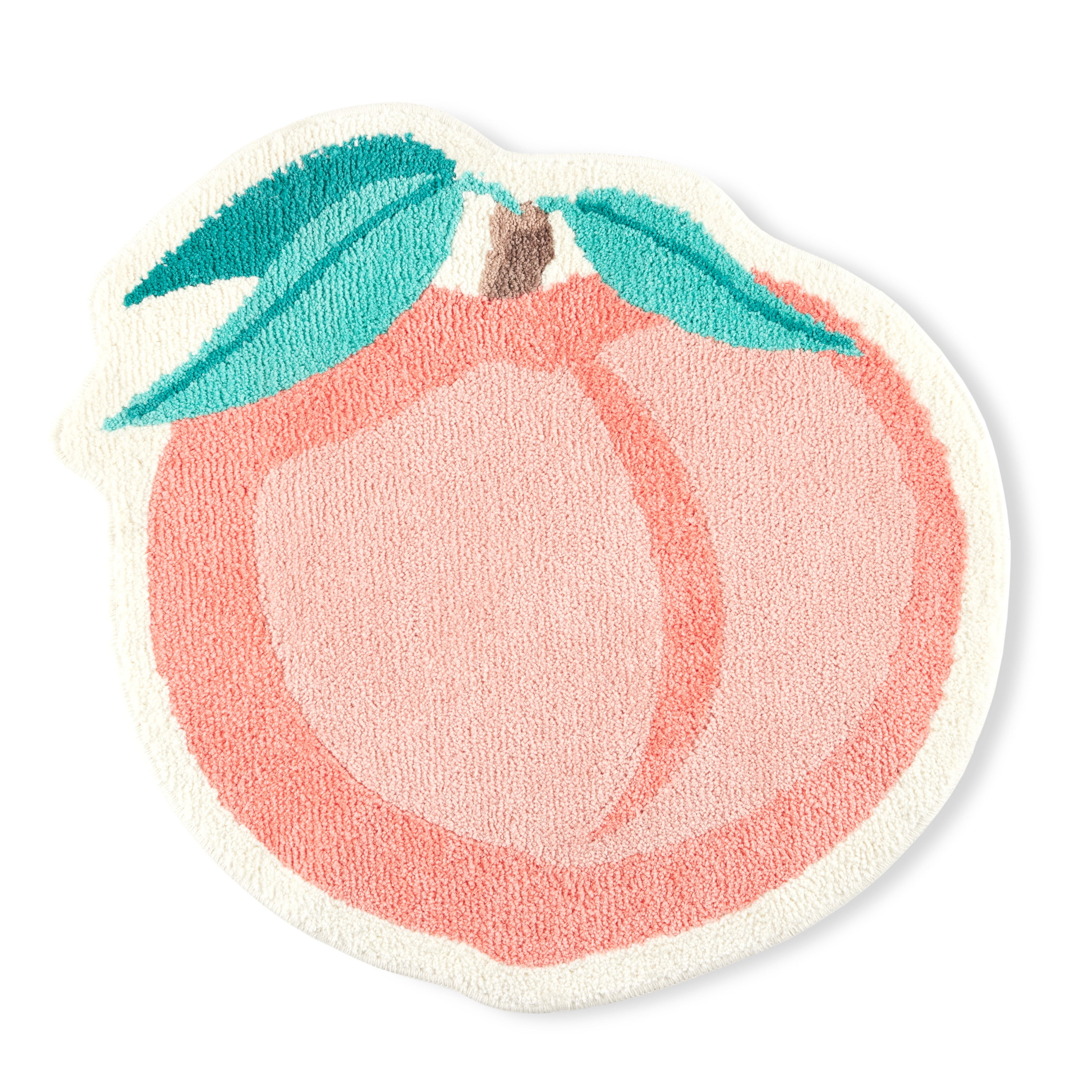 TOWN & COUNTRY PLAY Peachy Clean Peach Fruit Shaped Bath Mat, Absorbent Tufted Floor Mat, Non-Slip Backing, Machine Washable, Peach/Green, 30.3"x29.5"