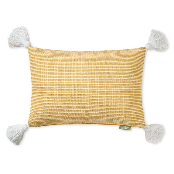 TOWN & COUNTRY TERRA Alara Ribbed Texture Handcrafted Indoor Outdoor Decorative Pillow, 100% Recycled Materials, UV Fade Resistant, Water Repellent, Yellow/Ivory, 14"x20"