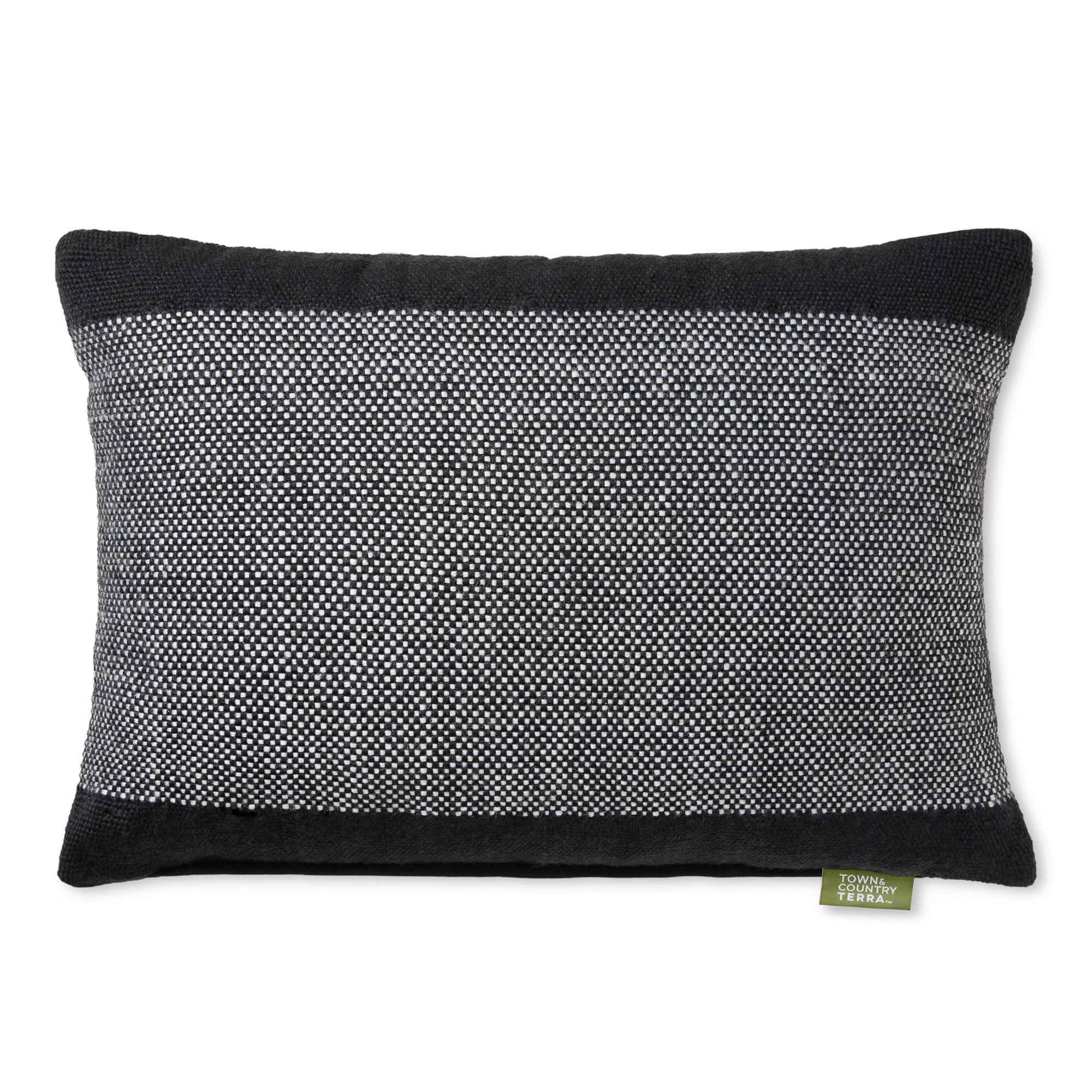TOWN & COUNTRY TERRA Alara Solid Border Handcrafted Indoor Outdoor Decorative Pillow, 100% Recycled Materials, UV Fade Resistant, Water Repellent, Black/Ivory, 14"x20"