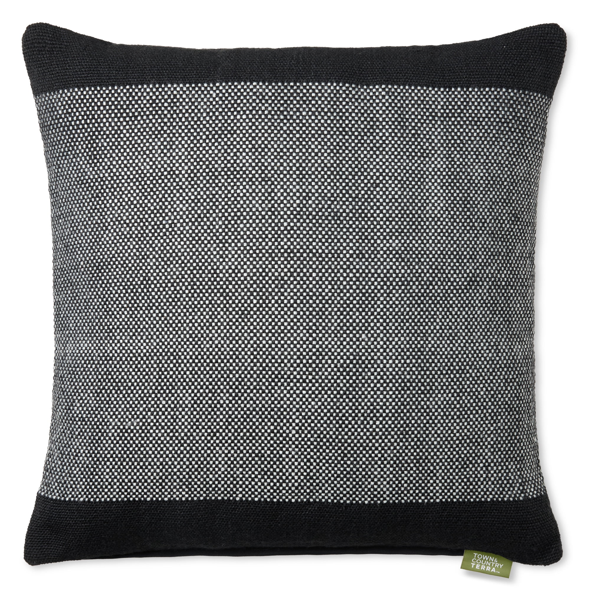 TOWN & COUNTRY TERRA Alara Solid Border Handcrafted Indoor Outdoor Decorative Pillow, 100% Recycled Materials, UV Fade Resistant, Water Repellent, Black/Ivory, 20"x20"