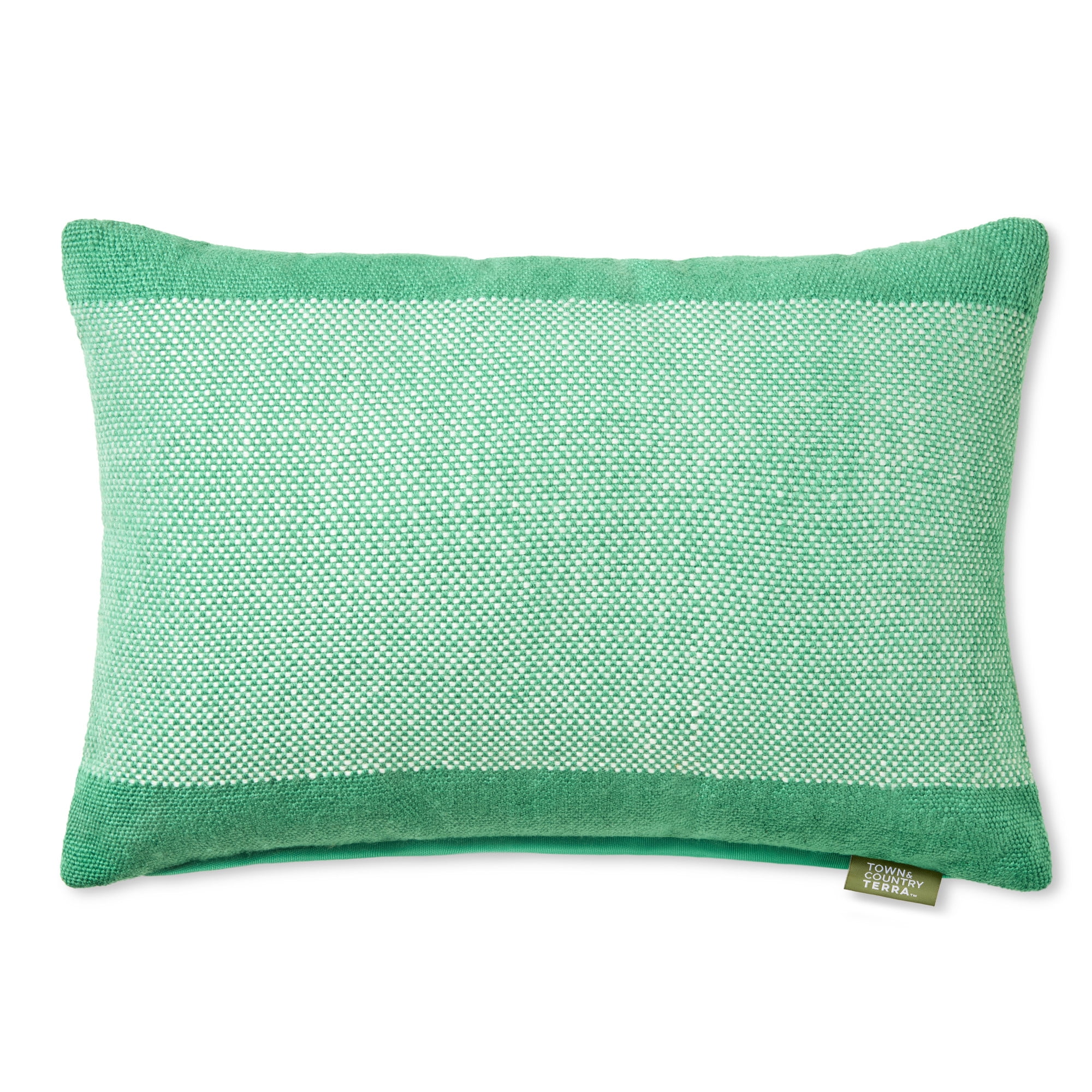 TOWN & COUNTRY TERRA Alara Solid Border Handcrafted Indoor Outdoor Decorative Pillow, 100% Recycled Materials, UV Fade Resistant, Water Repellent, Green/Ivory, 14"x20"