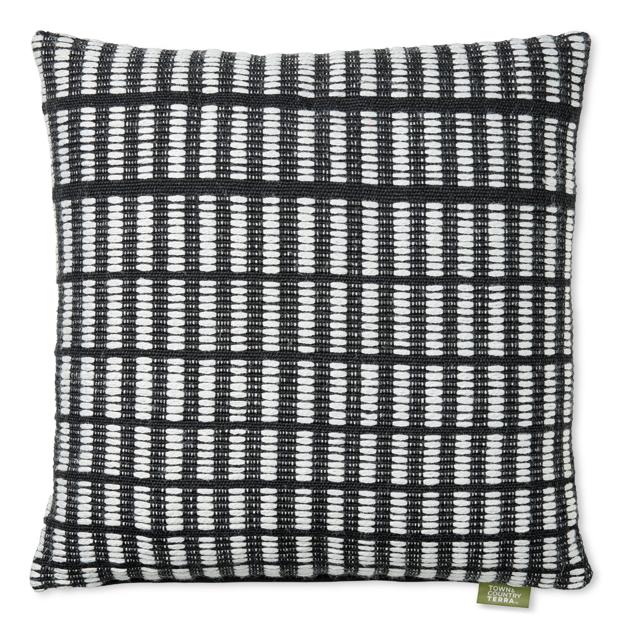 TOWN & COUNTRY TERRA Alara Textured Geo Stripe Handcrafted Indoor Outdoor Decorative Pillow, 100% Recycled Materials, UV Fade Resistant, Water Repellent, Black/Ivory, 20"x20"