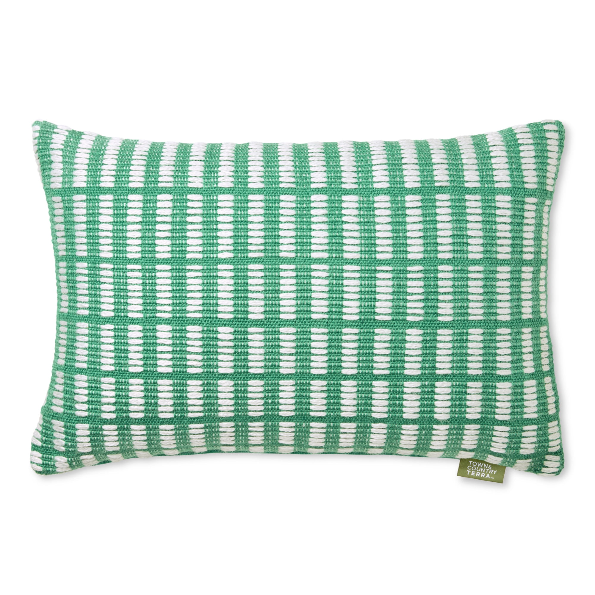 TOWN & COUNTRY TERRA Alara Textured Geo Stripe Handcrafted Indoor Outdoor Decorative Pillow, 100% Recycled Materials, UV Fade Resistant, Water Repellent, Green/Ivory, 14"x20"