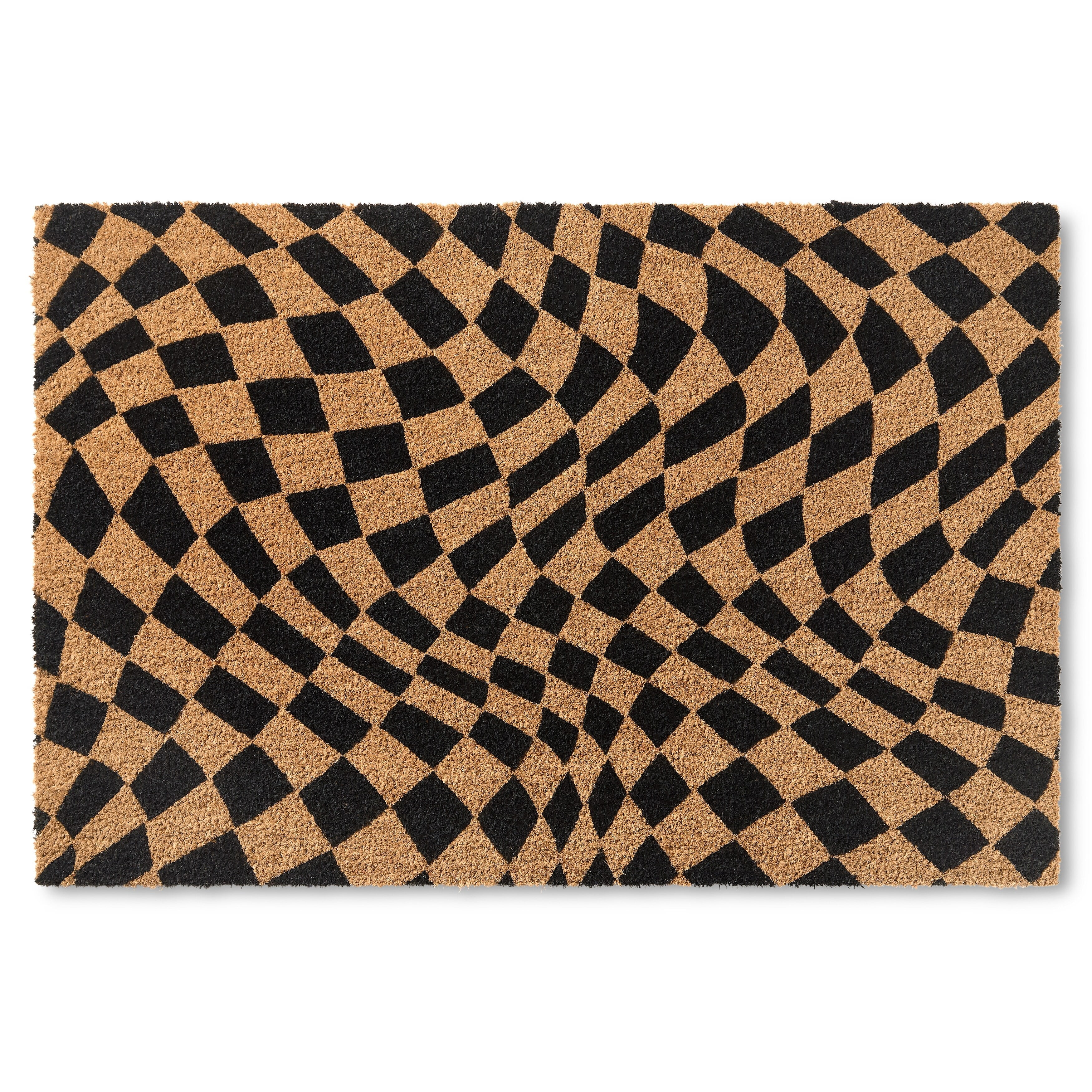 TOWN & COUNTRY TERRA Emmett Groovy Checkerboard Outdoor Door Mat, Natural Coir, Heavyweight, Non-Slip Entryway Mat, Black, 24"x36"