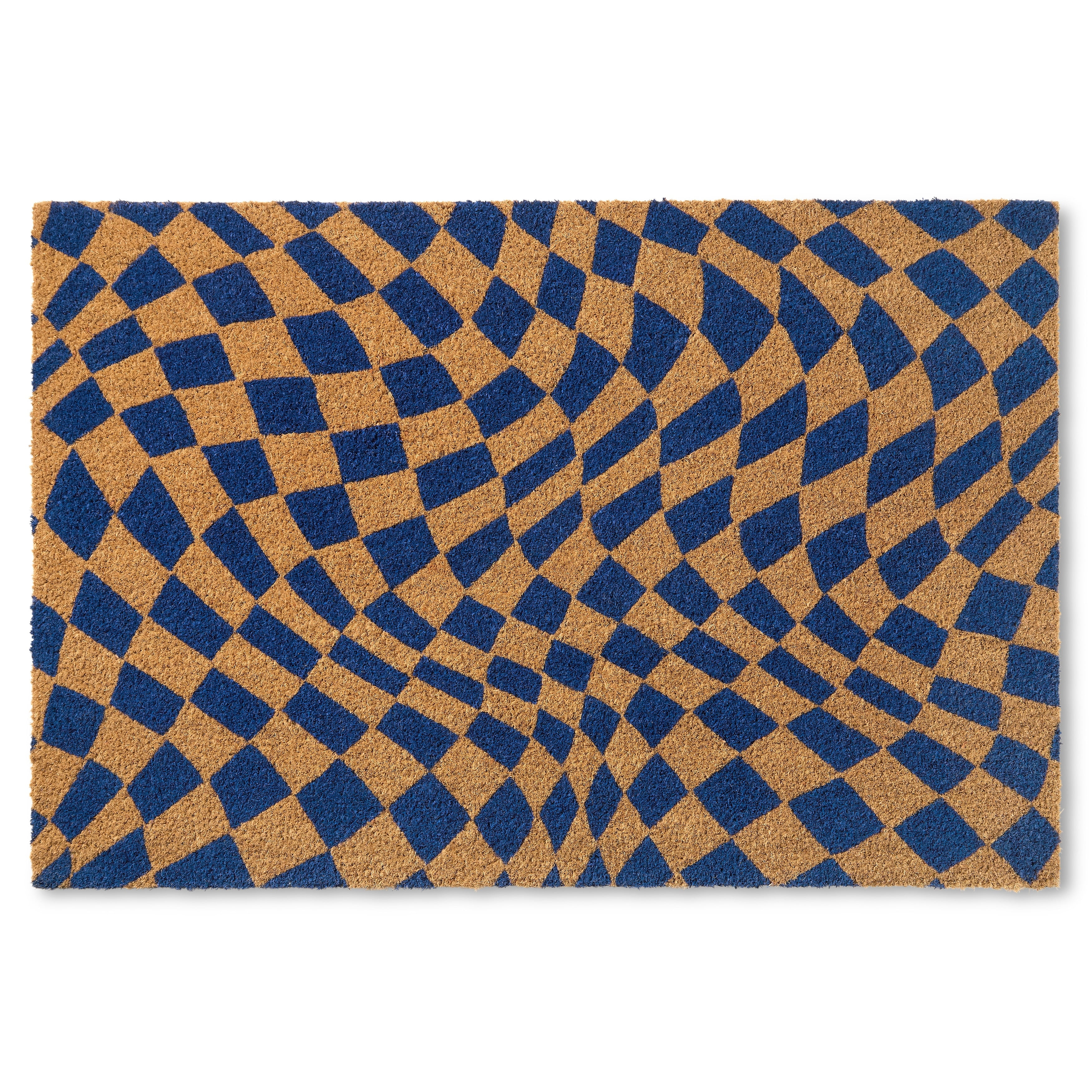 TOWN & COUNTRY TERRA Emmett Groovy Checkerboard Outdoor Door Mat, Natural Coir, Heavyweight, Non-Slip Entryway Mat, Blue, 18"x30"