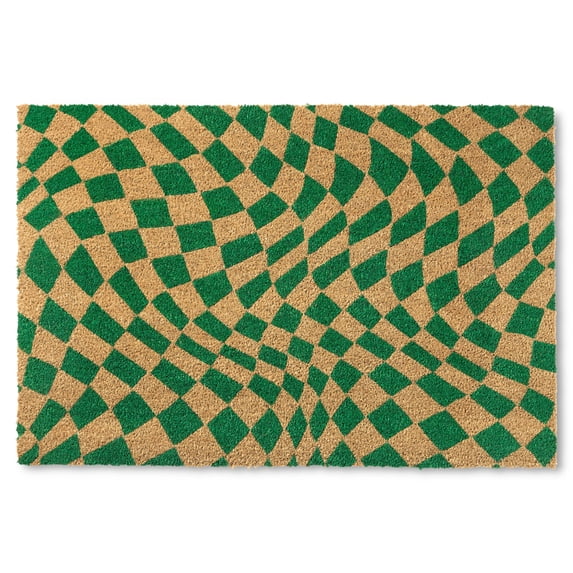 TOWN & COUNTRY TERRA Emmett Groovy Checkerboard Outdoor Door Mat, Natural Coir, Heavyweight, Non-Slip Entryway Mat, Green, 24"x36"