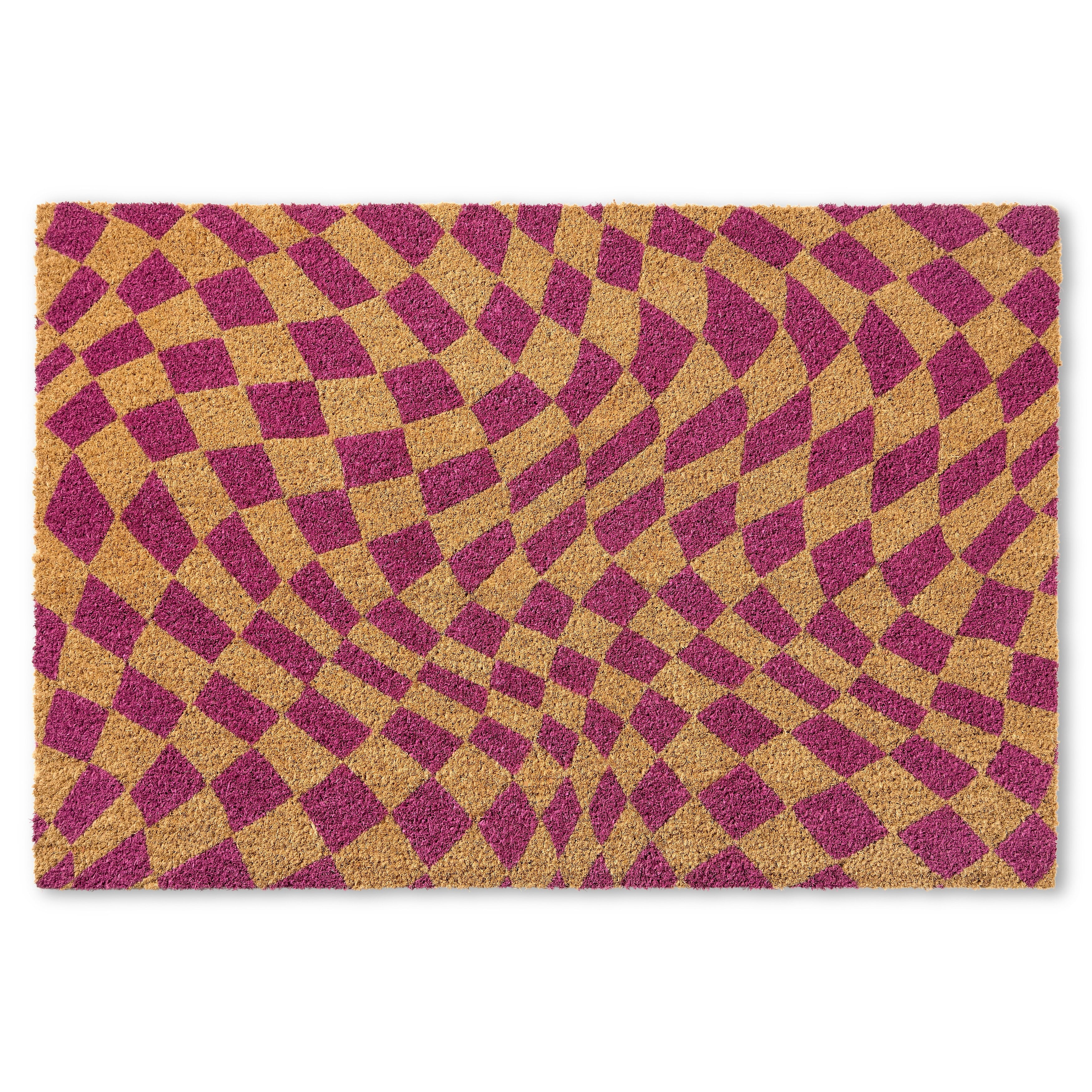 TOWN & COUNTRY TERRA Emmett Groovy Checkerboard Outdoor Door Mat, Natural Coir, Heavyweight, Non-Slip Entryway Mat, Purple, 18"x30"
