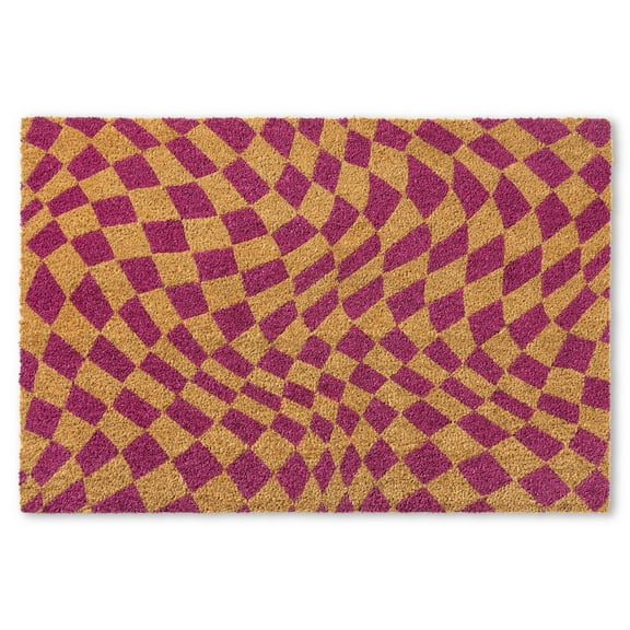 TOWN & COUNTRY TERRA Emmett Groovy Checkerboard Outdoor Door Mat, Natural Coir, Heavyweight, Non-Slip Entryway Mat, Purple, 24"x36"